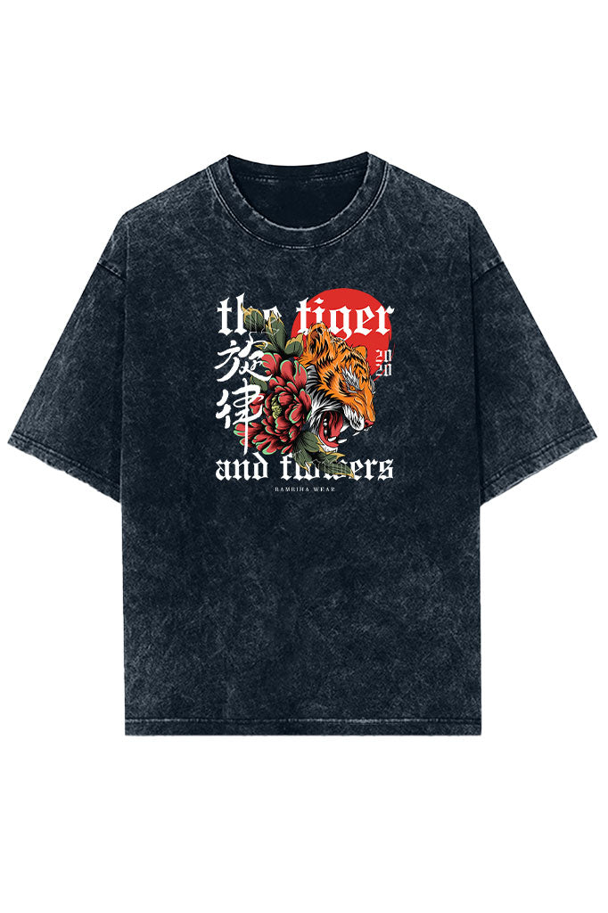 The Tiger and Flowers (Front Print) Acid Wash Oversized T-Shirt