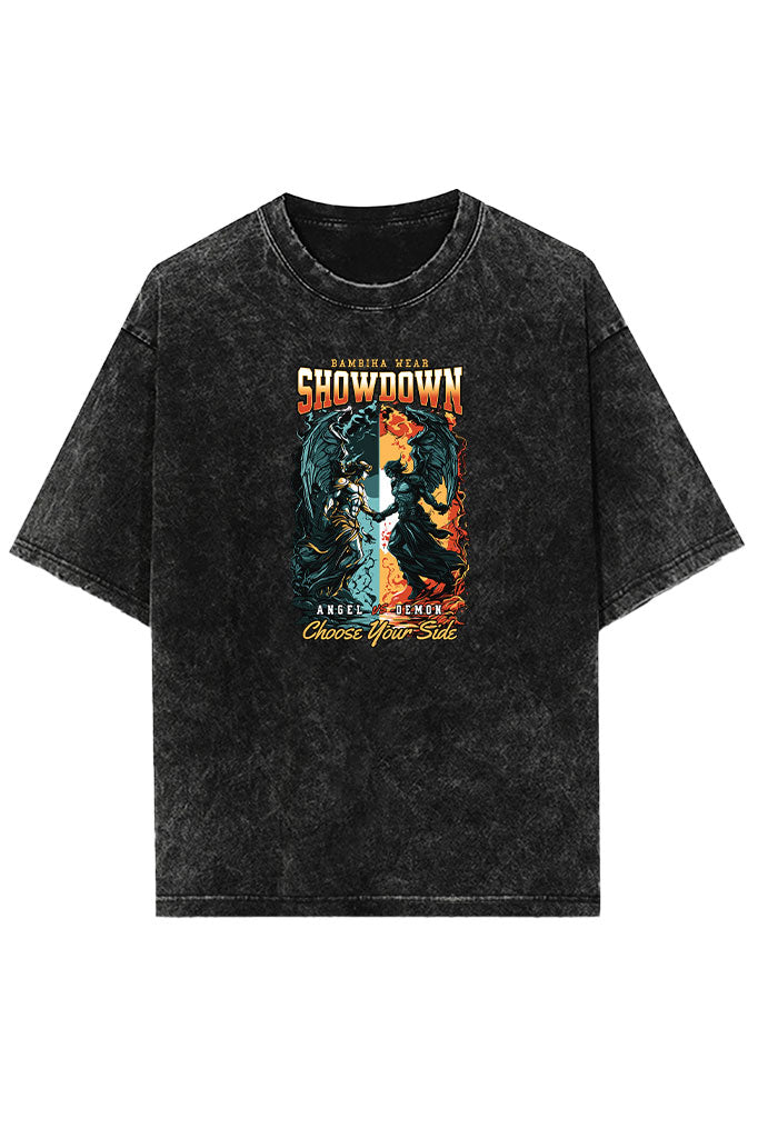 Angel vs Demon (Front Print) Acid Wash Oversized T-Shirt