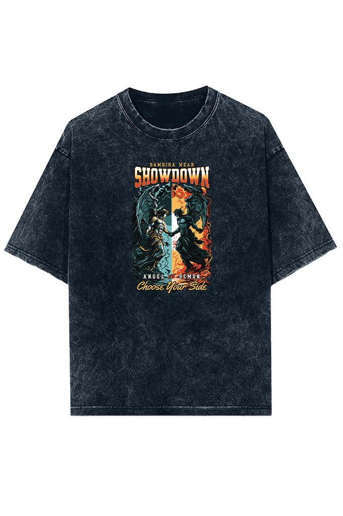 Angel vs Demon (Front Print) Acid Wash Oversized T-Shirt