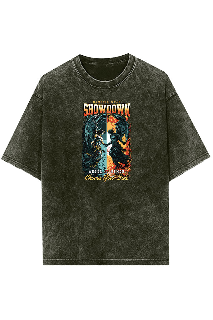 Angel vs Demon (Front Print) Acid Wash Oversized T-Shirt
