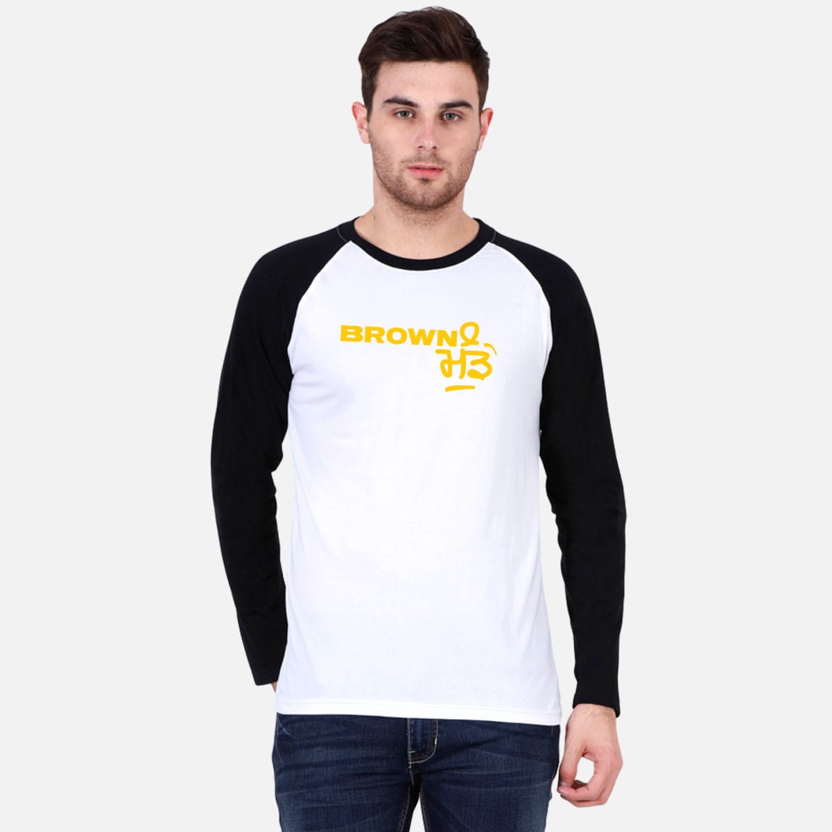 Brown Munde Punjabi White Raglan Full Sleeve T-Shirt