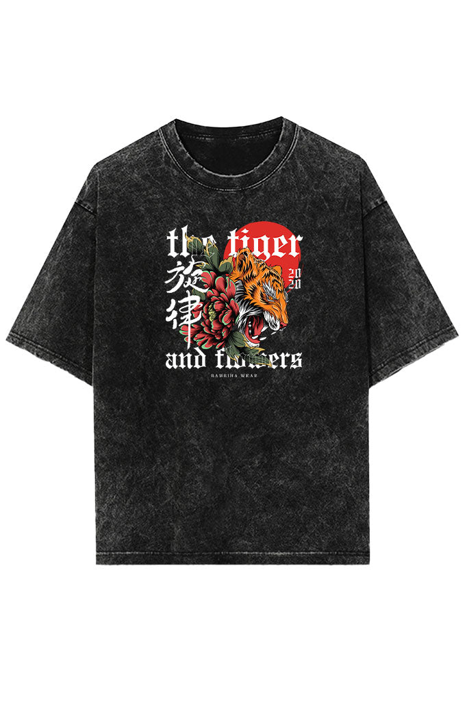 The Tiger and Flowers (Front Print) Acid Wash Oversized T-Shirt