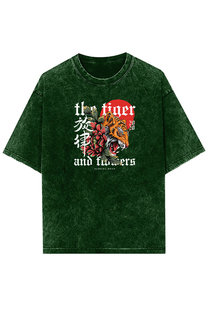 The Tiger and Flowers (Front Print) Acid Wash Oversized T-Shirt